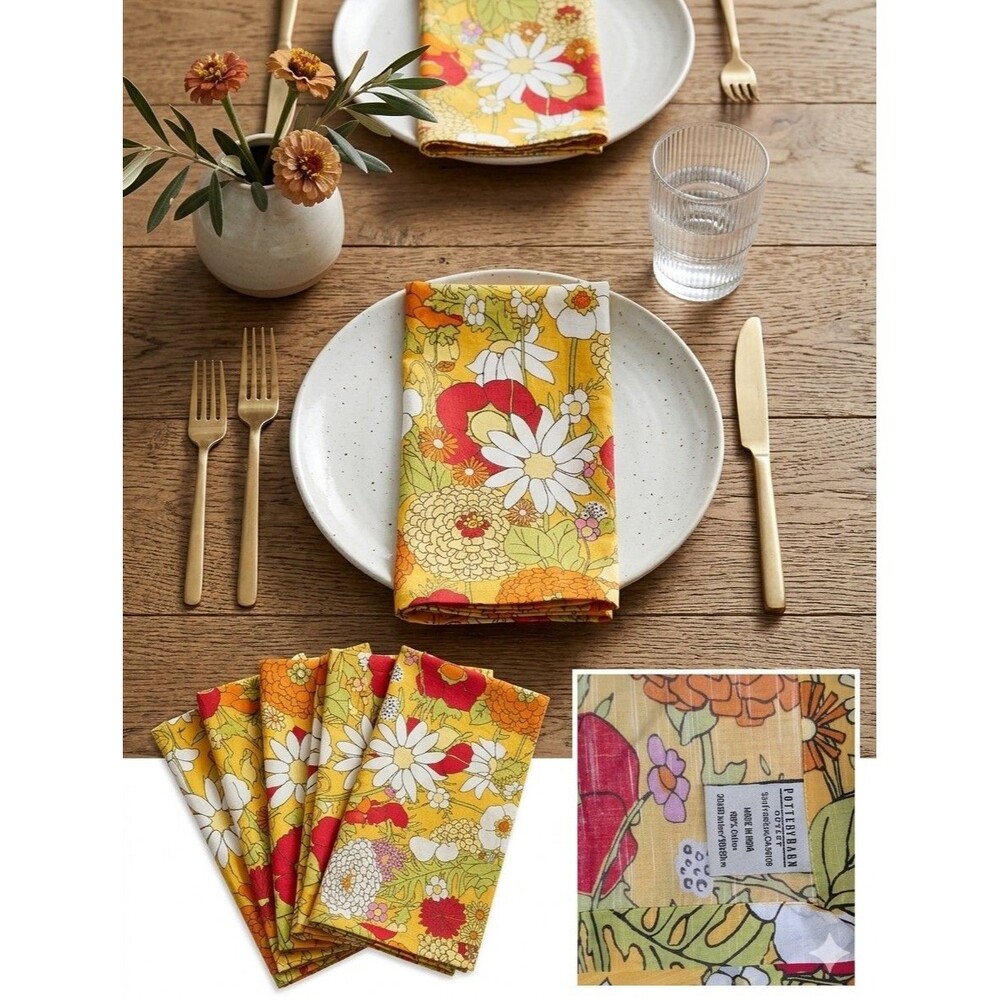 Pottery Barn Retro Floral Cotton Napkins Lot of 10 Yellow Orange 20x20